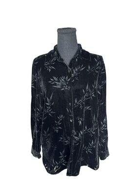 Carole Little Black Silk Velvet Burnout Button Up Blouse M Goth Quiet Luxury Y2K
